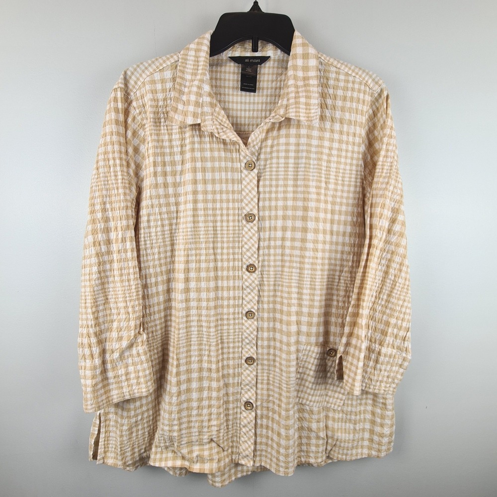 Ali Miles Tan Gingham‎ Seersucker Button Down Shirt Womens L 3/4 Sleeve Cotton